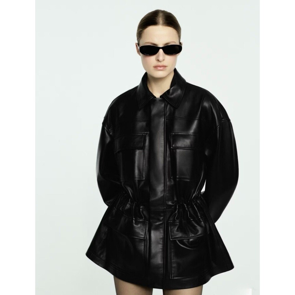 Mango Selection Leather Parka Black Cinched Waist Women’s Size S